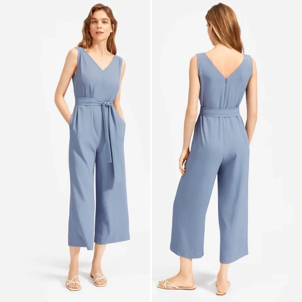 EVERLANE The Japanese GoWeave Essential Jumpsuit in Dusty Blue V Neck Pocket NEW
